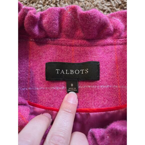 Talbots wool blend blazer ruffle plaid pink peplum jacket gold button 8 - Picture 3 of 7
